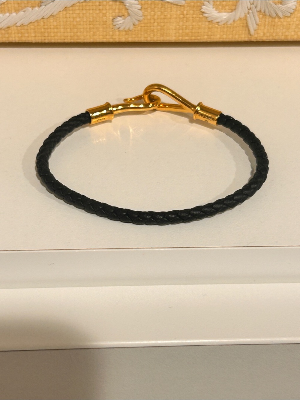 Hermes Braided Black Leather Bracelet with Gold Hook Clasp